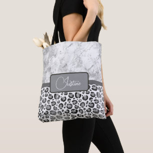 Silver Marble Glittery Silve Leopard Personalised Tote Bag