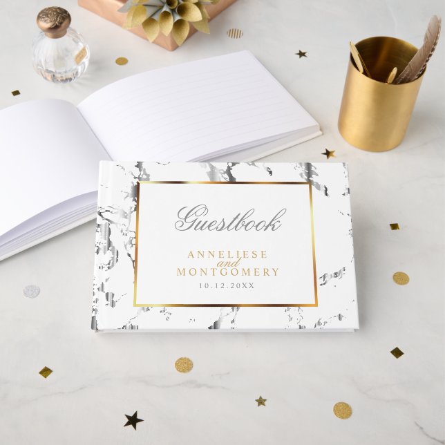 Silver Marble, Gold and White Design Guest Book (Front Open)