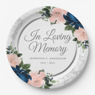Silver Marble Pink Blue Floral Memorial Funeral Paper Plate