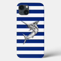 Silver Marlin Swordfish on Navy Stripes