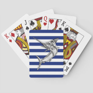 Silver Marlin Swordfish on Navy Stripes Playing Cards