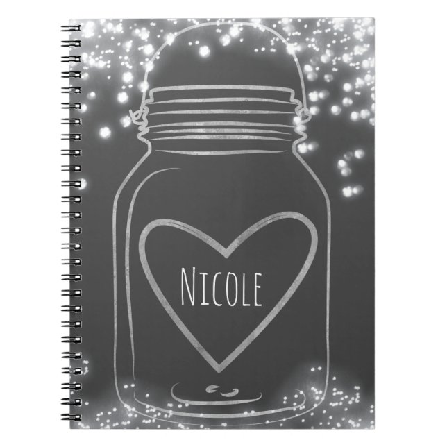 Silver Mason Jar & Lights Rustic Glam Any Colour Spiral Notebook (Front)