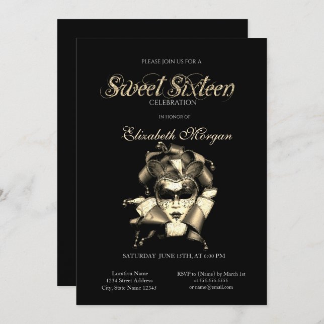  Silver Masque Black Sweet 16 Invitation (Front/Back)