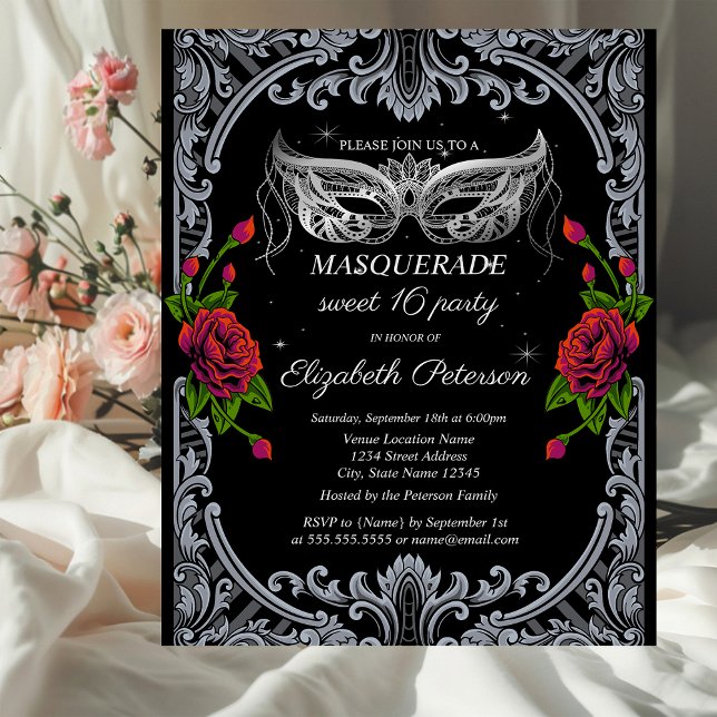 Silver Masque Red Roses Gothic Sweet 16 Invitation Postcard (Creator Uploaded)