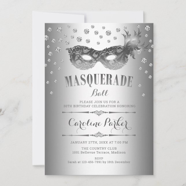 Silver Masquerade Ball Birthday Party Invitation (Front)