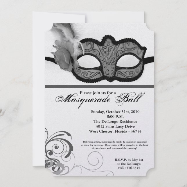 Silver Masquerade Ball Mask Costume Halloween Part Invitation (Front)