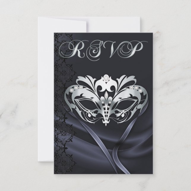 Silver Masquerade Black Jewelled RSVP Invitation (Front)