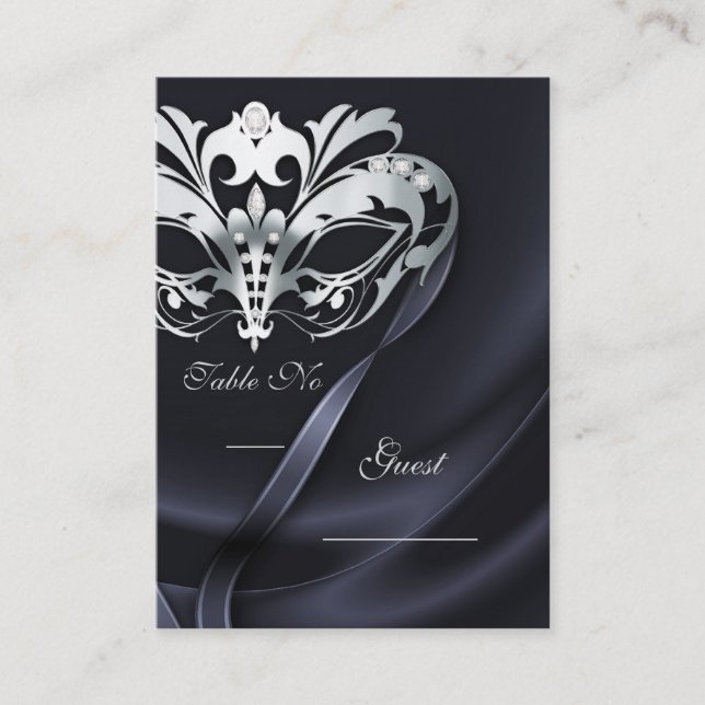 Silver Masquerade Black Jewelled Table PlaceCard (Front)