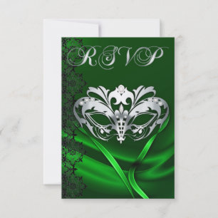 Silver Masquerade Green Jewelled RSVP Invitation