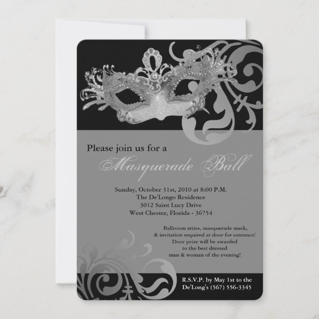 Silver Masquerade Mask Ball Costume Halloween Invitation (Front)