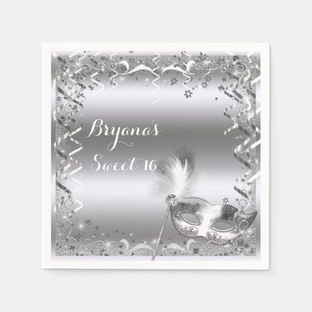 Silver Masquerade Mask Elegant Ball Birthday Party Napkin (Front)