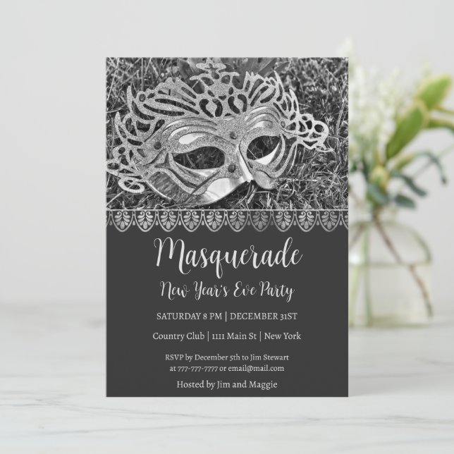 Silver Masquerade New Years Party Invitation (Standing Front)