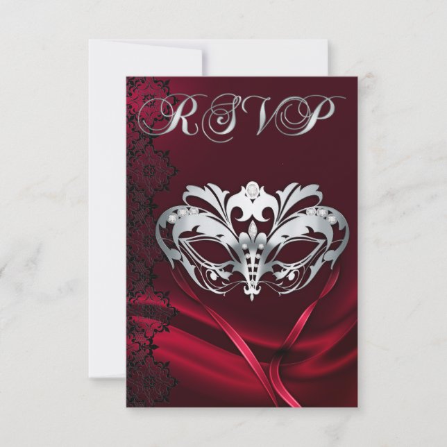 Silver Masquerade Red Jewelled RSVP Invitation (Front)