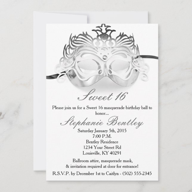 Silver Masquerade Sweet 16 Birthday Invitation (Front)