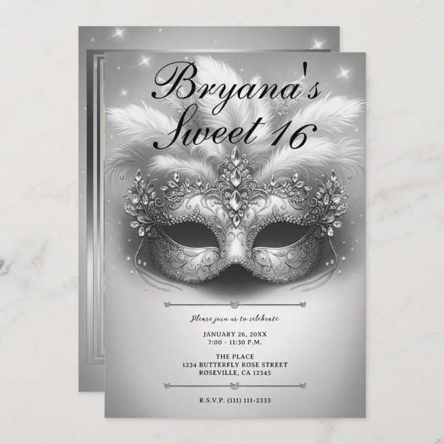 Silver Masquerade Sweet 16 Photo Birthday Invitation (Front/Back)