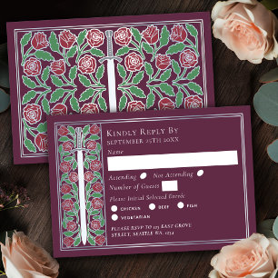 Silver Mauve Mediaeval Floral Sword Wedding RSVP Card