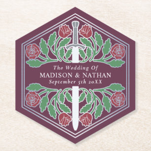 Silver Mauve Royal Mediaeval Floral Sword Wedding Paper Coaster