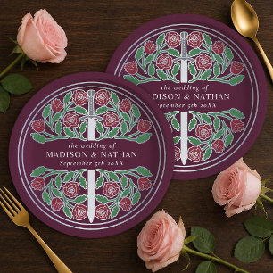 Silver Mauve Royal Mediaeval Floral Sword Wedding Paper Plate