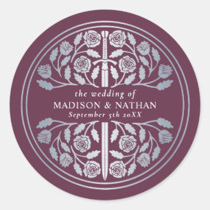 Silver Mauve Royal Mediaeval Sword Wedding Classic Round Sticker