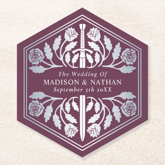 Silver Mauve Royal Mediaeval Sword Wedding Paper Coaster (Front)