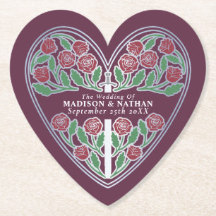 Silver Mauve Royal Medieval Floral Sword Wedding Paper Coaster