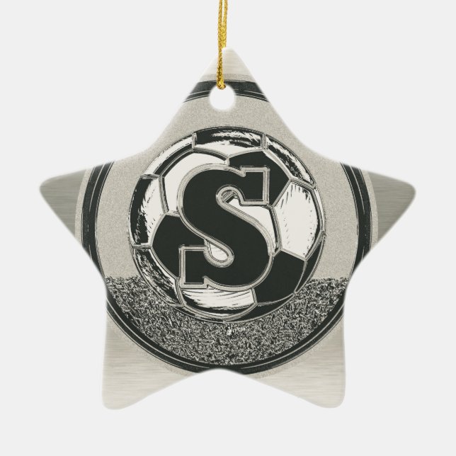 Silver Medal Soccer Monogram Letter S Ceramic Tree Decoration (Front)