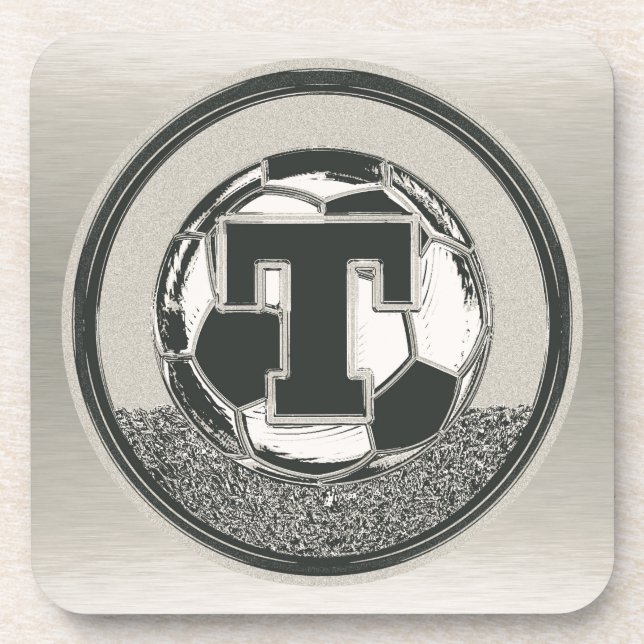 Silver Medal Soccer Monogram Letter T Coaster (Front)