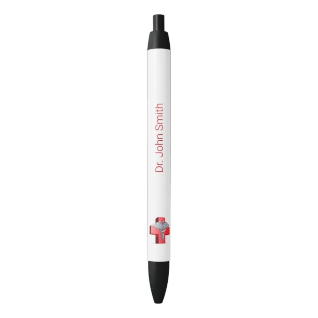 Silver Medical 3D Caduceus Cross Red Black Ink Pen (Front Vertical)