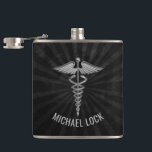Silver Medical Symbol Personalised Nurses Doctors Hip Flask<br><div class="desc">Cool Caduceus Medical Specialities Personalised Vinyl Wrapped Flask. Great for gifts for doctors and nurses or send as a graduation gift, wedding gift as well. To change the text, use the personalise option. For more extensive text changes such as changes to the font, font colour, or text size and layout,...</div>