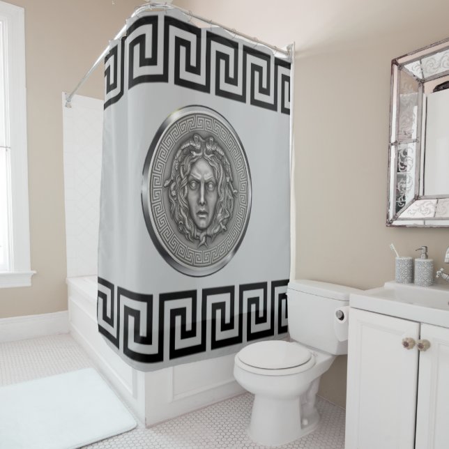 Silver Medusa with Greek Key Grey Shower Curtain (In Situ)