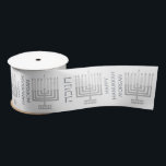 Silver Menorah Hanukkah Pattern Stylish Satin Ribbon<br><div class="desc">Personalise this stylish faux silver Menorah pattern holiday ribbon for all of your Hanukkah gift wrapping needs. The simple modern Menorah artwork in faux silver has two sets of text in between each: Happy Hanukkah with space for the name of your choice and HANUKKAH in Hebrew lettering, both in a...</div>