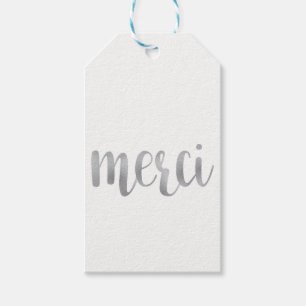 Silver "merci" favour tags, foil, vertical gift tags