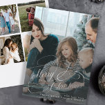 Silver Merry Christmas 5 photo collage Holiday Card<br><div class="desc">Elegant faux silver script overlay 5 custom photos,  family name and text personalised Christmas holiday card.</div>