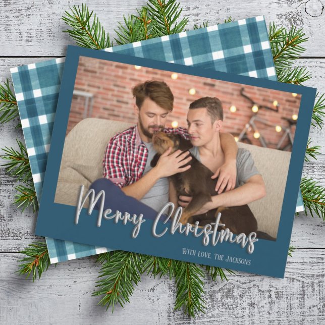 Silver Merry Christmas Bubble Letters Plaid Blue Holiday Card (Creator Uploaded)