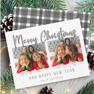 Silver Merry Christmas Bubble Letters Plaid Photo Holiday Card