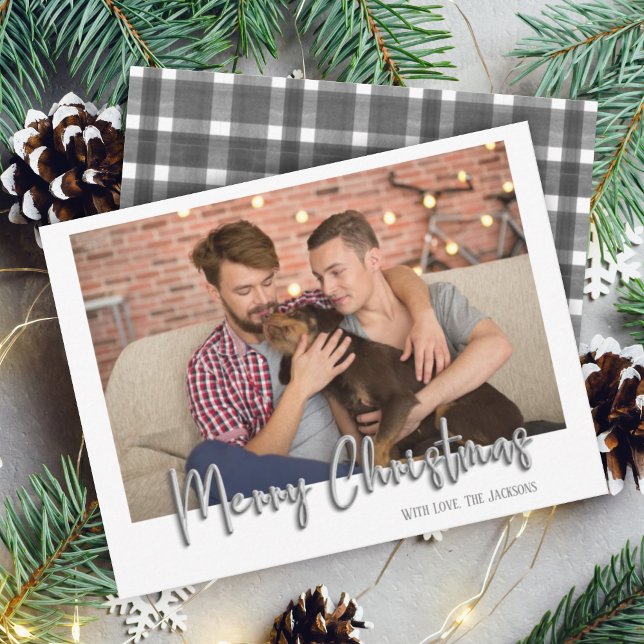 Silver Merry Christmas Bubble Letters Plaid White Holiday Card (Creator Uploaded)