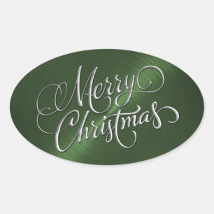 Silver Merry Christmas Green Sticker Embossed Look