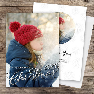 Silver Merry Christmas Script Photo Holiday Card