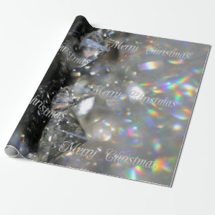 Silver Merry Christmas Text Shiny Diamonds Black Wrapping Paper