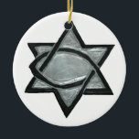 Silver Messianic Star Ceramic Tree Decoration<br><div class="desc">The Messianic Star, an image used as an emblem of the Messianic Christian movement. It consists of a fish emblem, or Vesica Pisces, intertwined with a Star of David, symbolising the harmony of Jewish and Christian beliefs. "Messianic" religious groups are Christian groups who adopt certain Jewish practices in an attempt...</div>