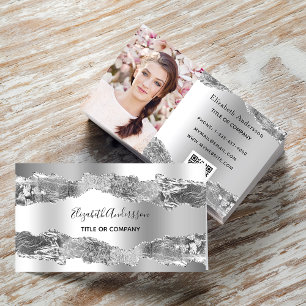 Silver metal agate marble QR code photo Business Card