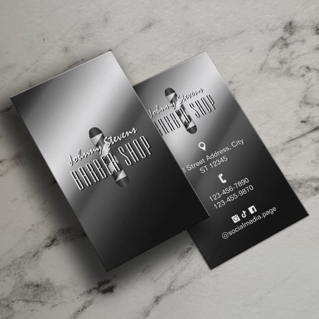 Silver metal barber pole barbershop business card (Creator Uploaded)