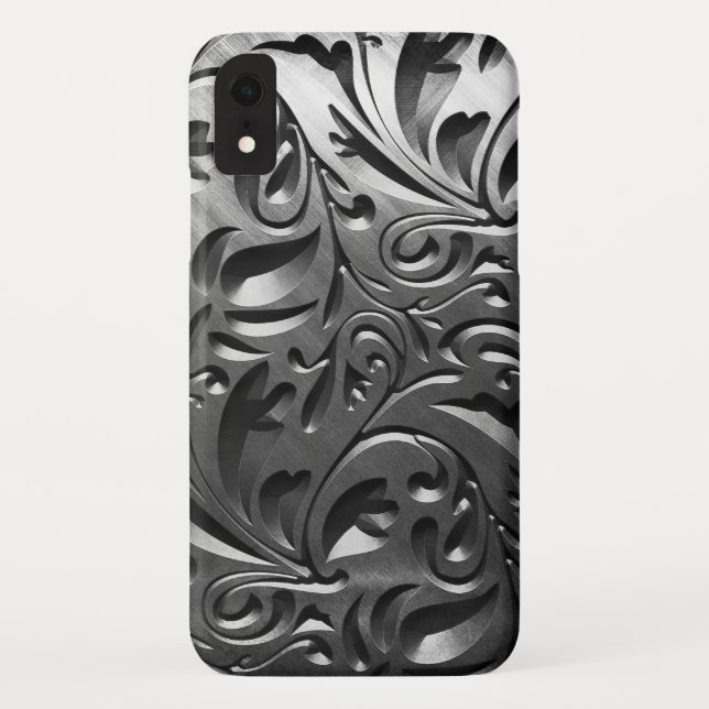 Silver metal engraved look abstract grey steel Case-Mate iPhone case (Back)