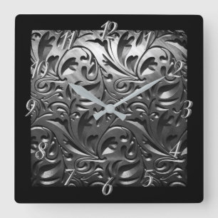 Silver metal engraved look abstract grey steel square wall clock