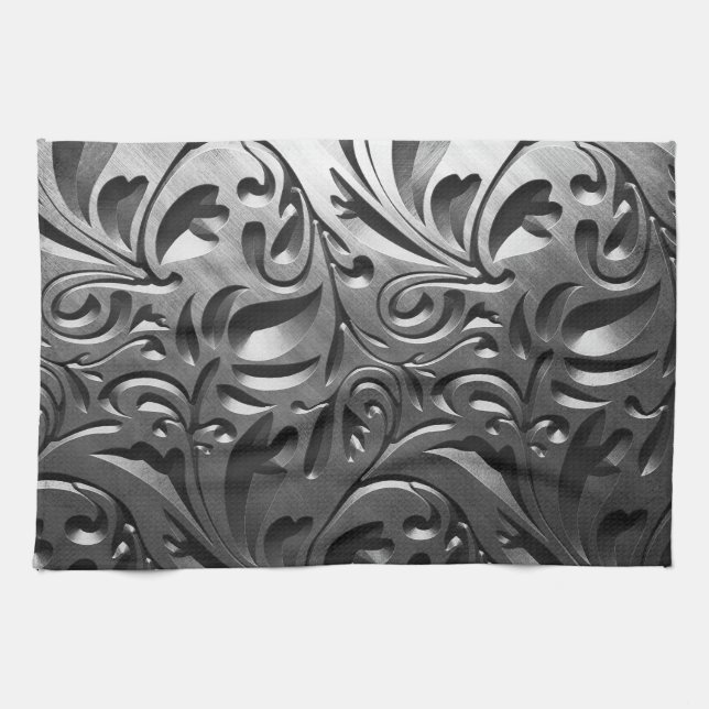Silver metal engraved look abstract grey steel tea towel (Horizontal)