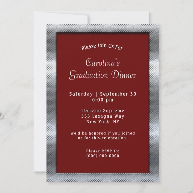 Silver Metal Frame Maroon Dinner Graduation Invitation (Front)