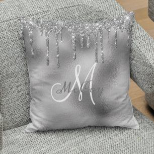 Silver Metal Glitter Drips Monogram Family Name Cushion