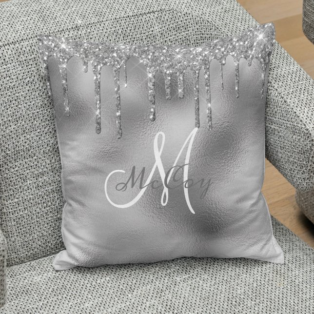 Silver Metal Glitter Drips Monogram Family Name Cushion (Creator Uploaded)