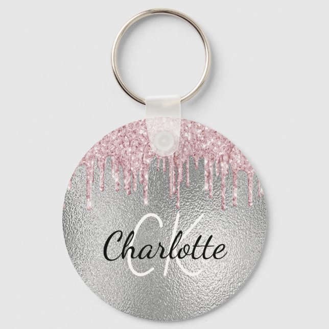 Silver metal glitter drips pink monogram initials key ring (Front)