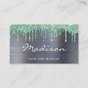 Silver Metal Green Glitter Drip Hair & Makeup Business Card